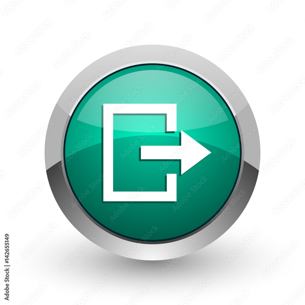 Leinwandbilder exit silver metallic chrome web design green round internet icon with shadow on white background.