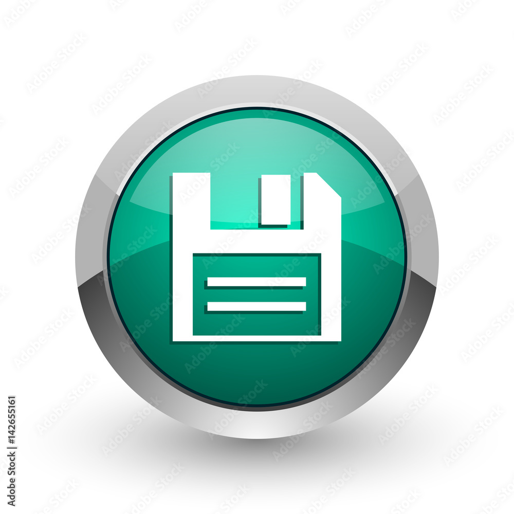 Aufkleber disk silver metallic chrome web design green round internet icon with shadow on white background.
