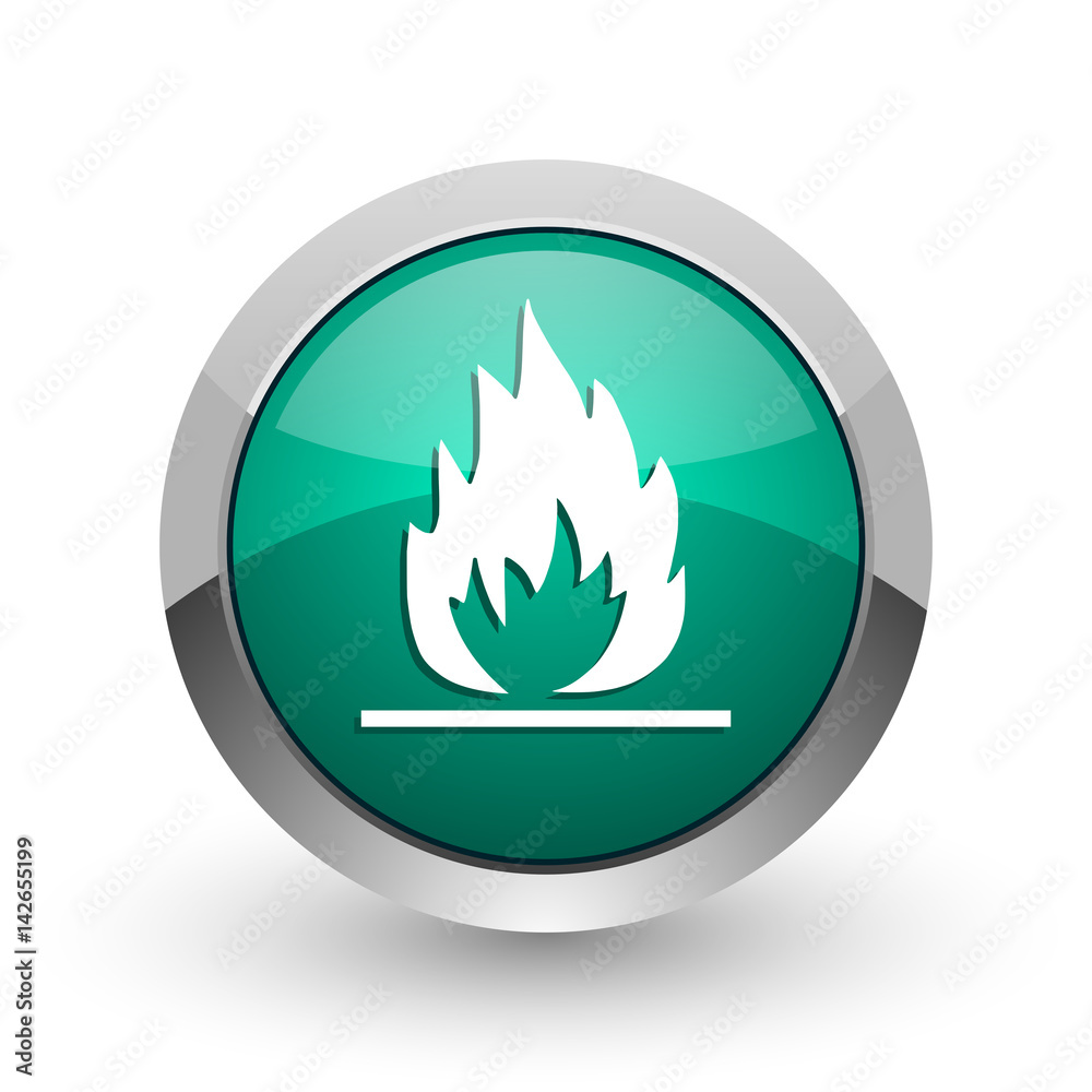 Poster flame silver metallic chrome web design green round internet icon with shadow on white background.