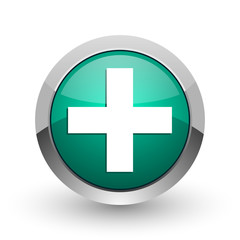 Fototapeta premium Plus silver metallic chrome web design green round internet icon with shadow on white background.