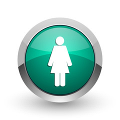 Female silver metallic chrome web design green round internet icon with shadow on white background.