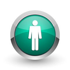 Male silver metallic chrome web design green round internet icon with shadow on white background.