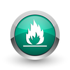 Flame silver metallic chrome web design green round internet icon with shadow on white background.