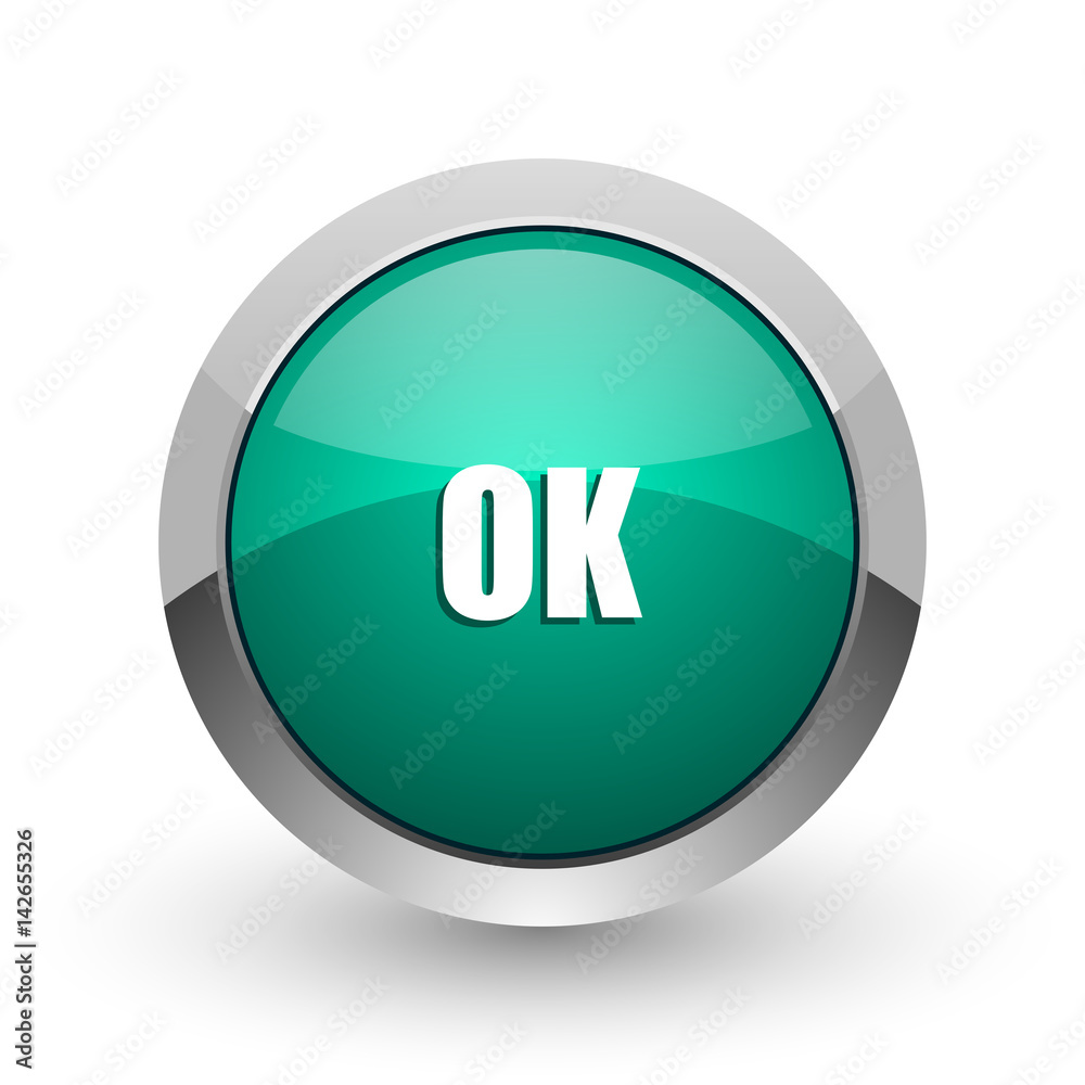 Poster ok silver metallic chrome web design green round internet icon with shadow on white background.