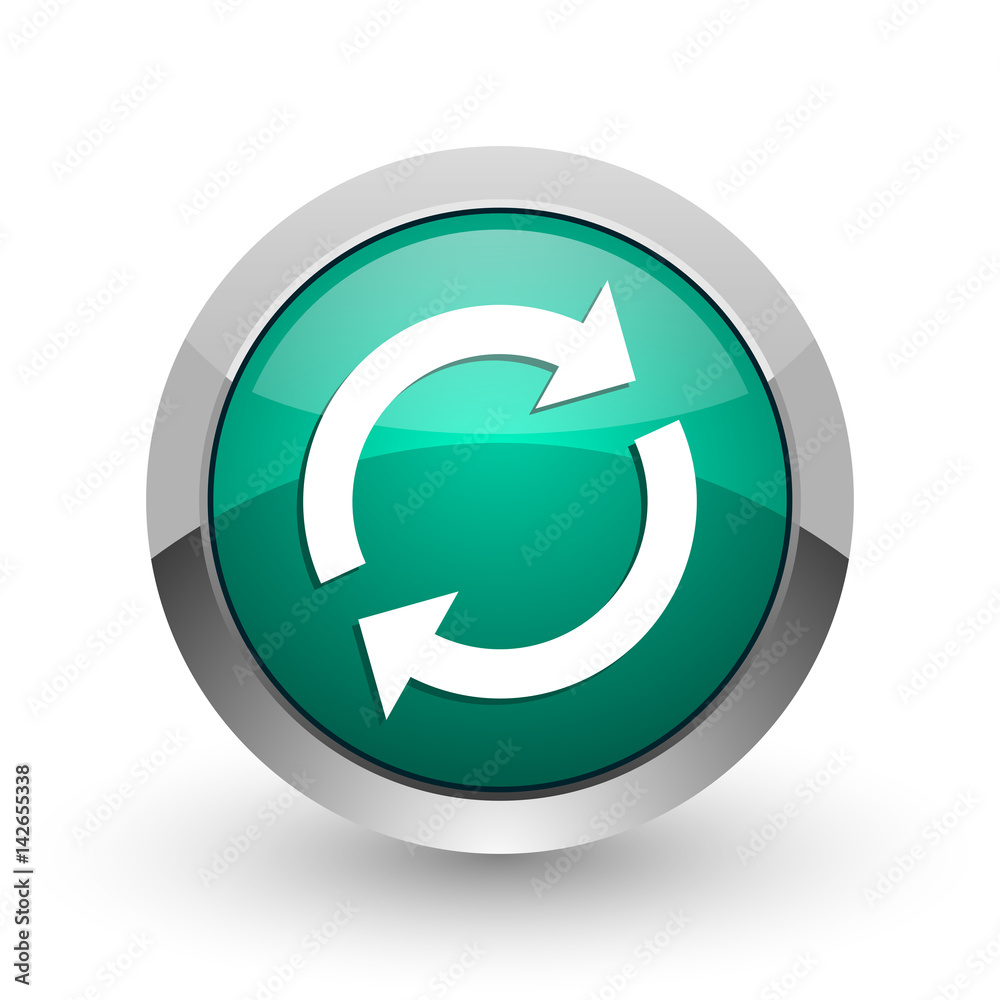 Poster reload silver metallic chrome web design green round internet icon with shadow on white background.