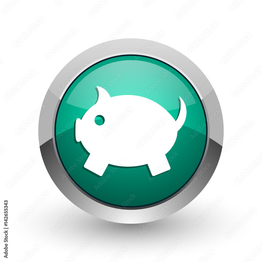 Poster piggy bank silver metallic chrome web design green round internet icon with shadow on white backgrou