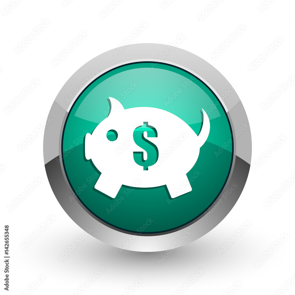 Aufkleber piggy bank silver metallic chrome web design green round internet icon with shadow on white backgrou