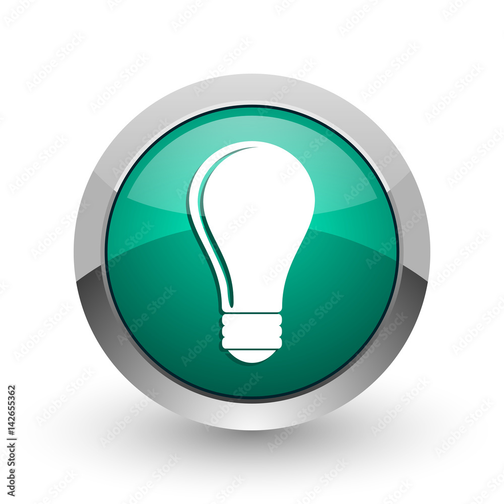 Poster bulb silver metallic chrome web design green round internet icon with shadow on white background.