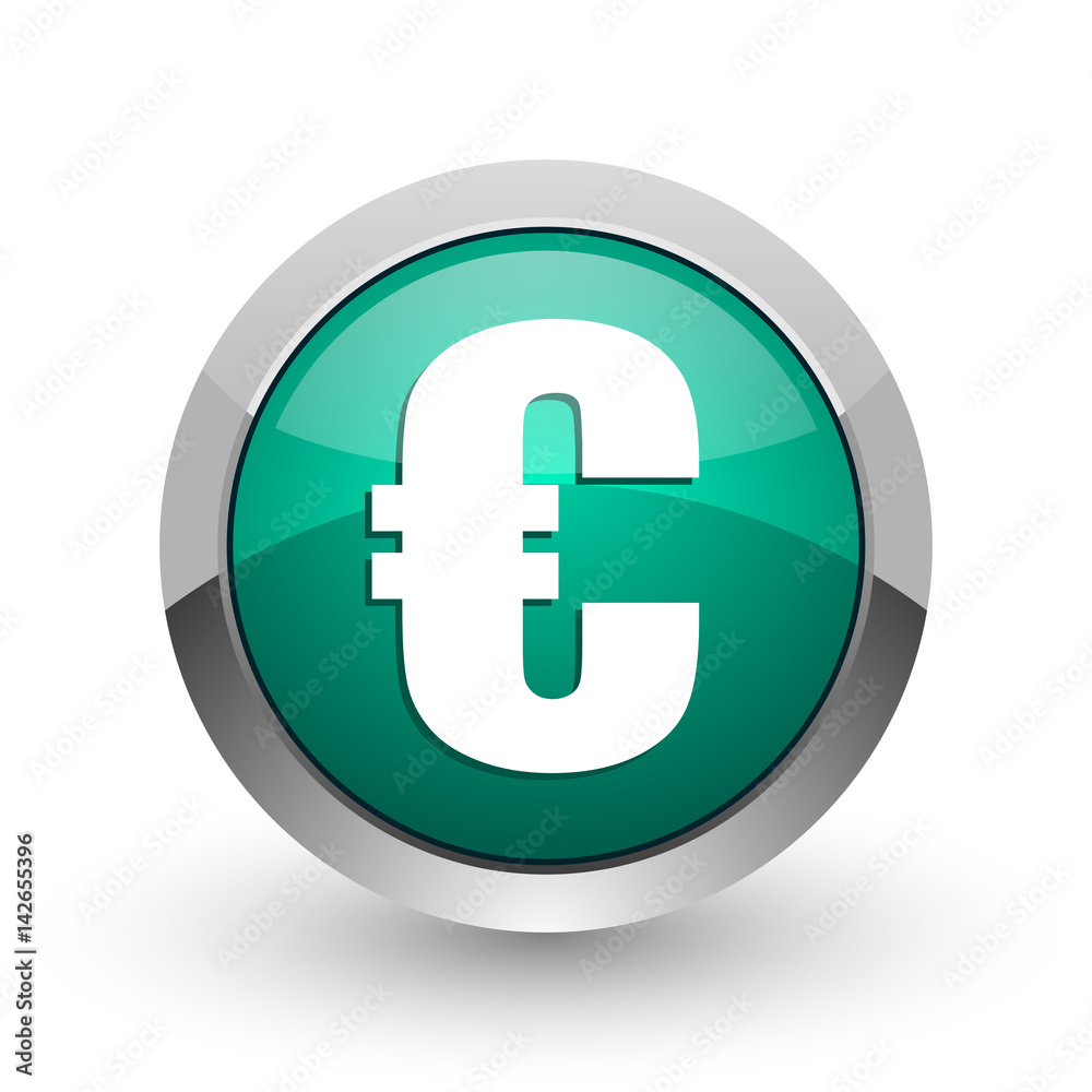 Poster euro silver metallic chrome web design green round internet icon with shadow on white background.