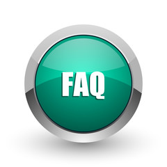 Faq silver metallic chrome web design green round internet icon with shadow on white background.