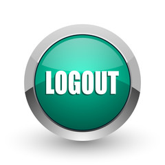 Logout silver metallic chrome web design green round internet icon with shadow on white background.