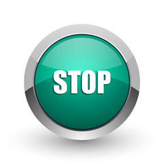 Stop silver metallic chrome web design green round internet icon with shadow on white background.