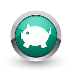 Piggy bank silver metallic chrome web design green round internet icon with shadow on white background.