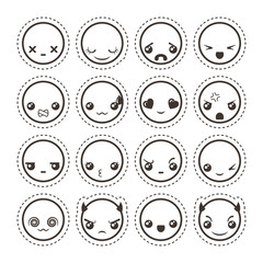Set of cute lovely kawaii emoticon. Sticker collection.
