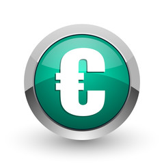 Euro silver metallic chrome web design green round internet icon with shadow on white background.