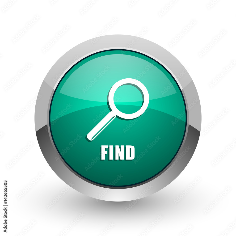 Aufkleber find silver metallic chrome web design green round internet icon with shadow on white background.