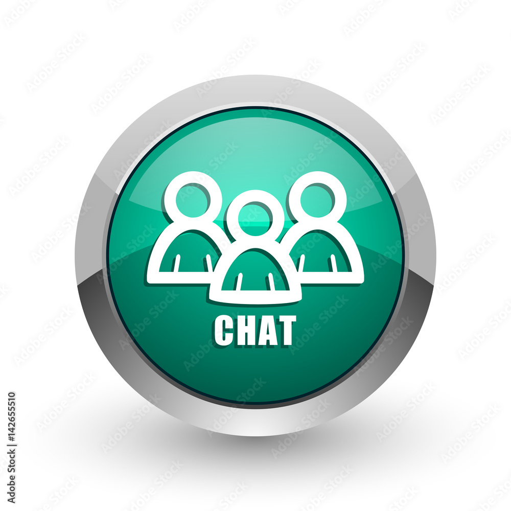 Aufkleber chat silver metallic chrome web design green round internet icon with shadow on white background.