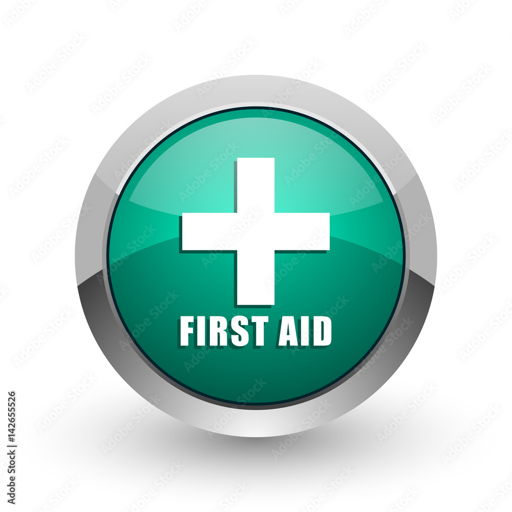 Aufkleber first aid silver metallic chrome web design green round internet icon with shadow on white backgroun