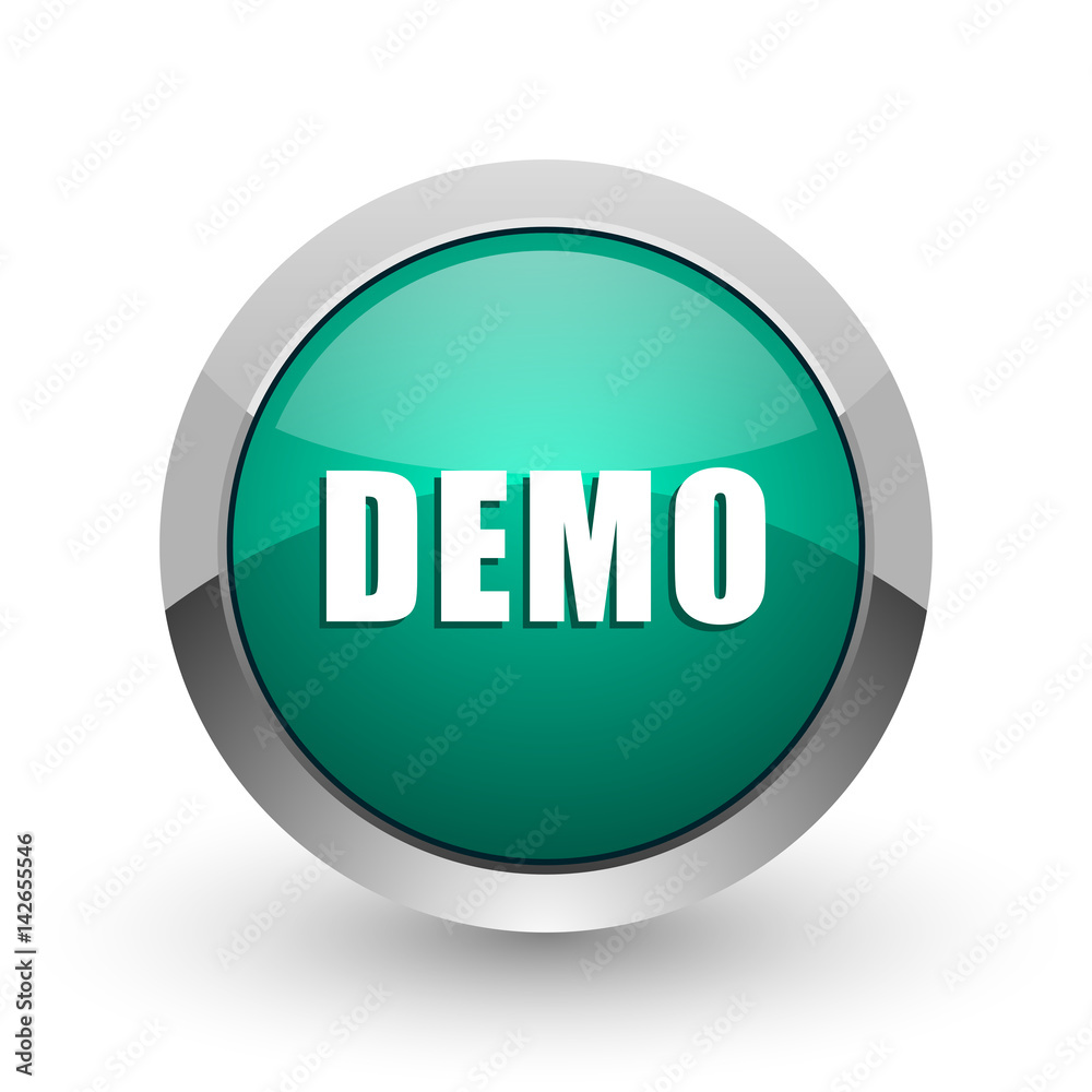 Poster demo silver metallic chrome web design green round internet icon with shadow on white background.