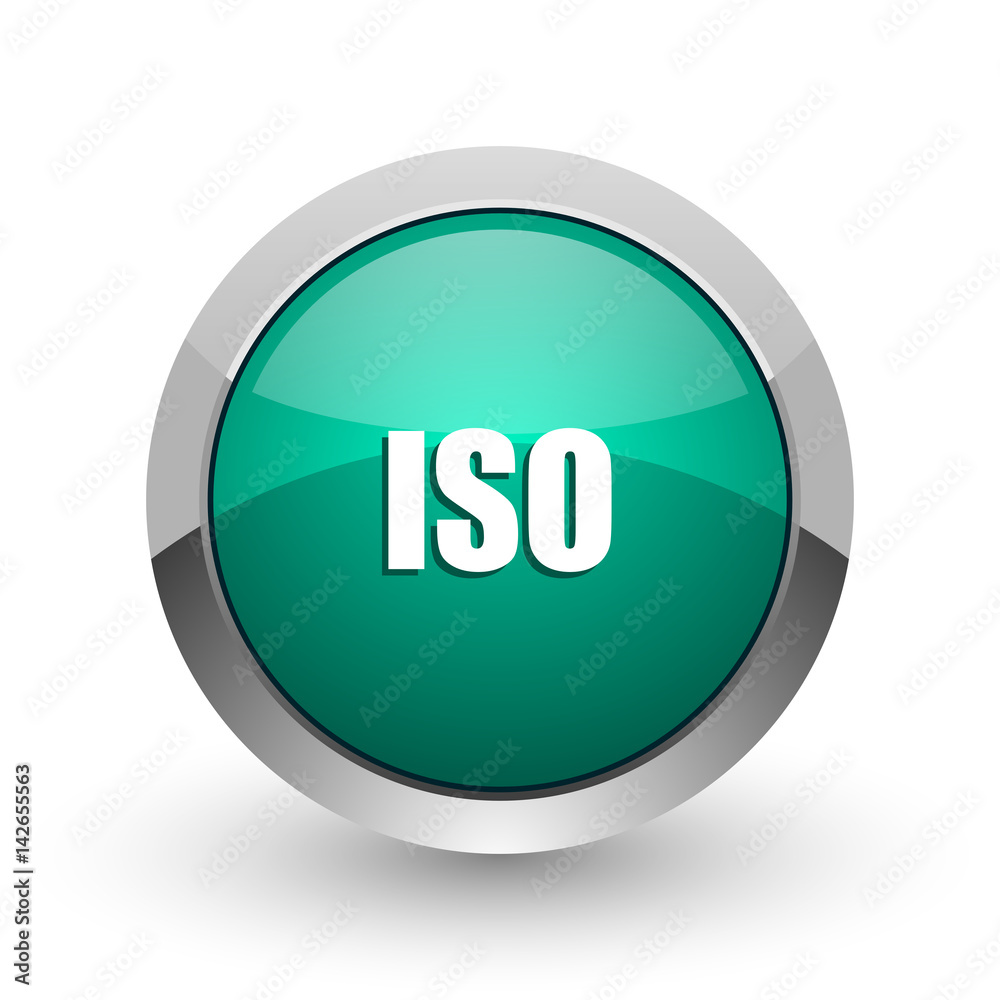 Poster iso silver metallic chrome web design green round internet icon with shadow on white background.