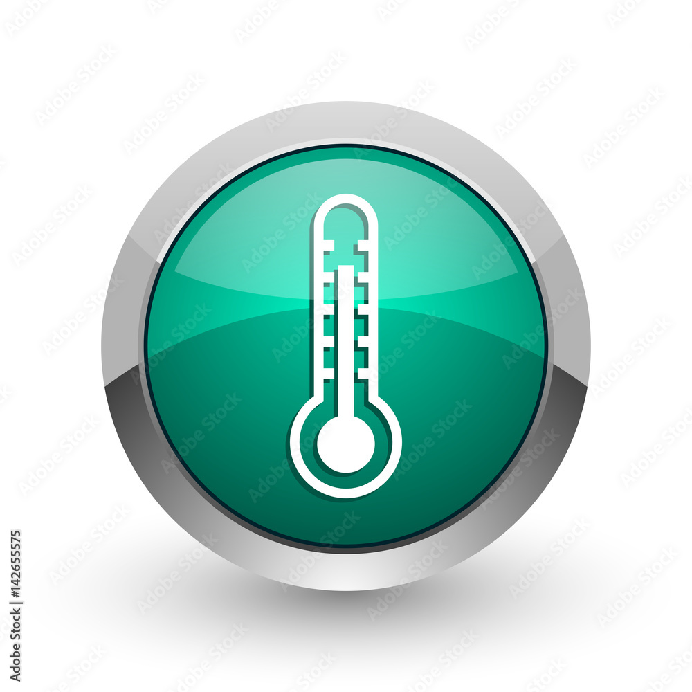 Poster thermometer silver metallic chrome web design green round internet icon with shadow on white backgro