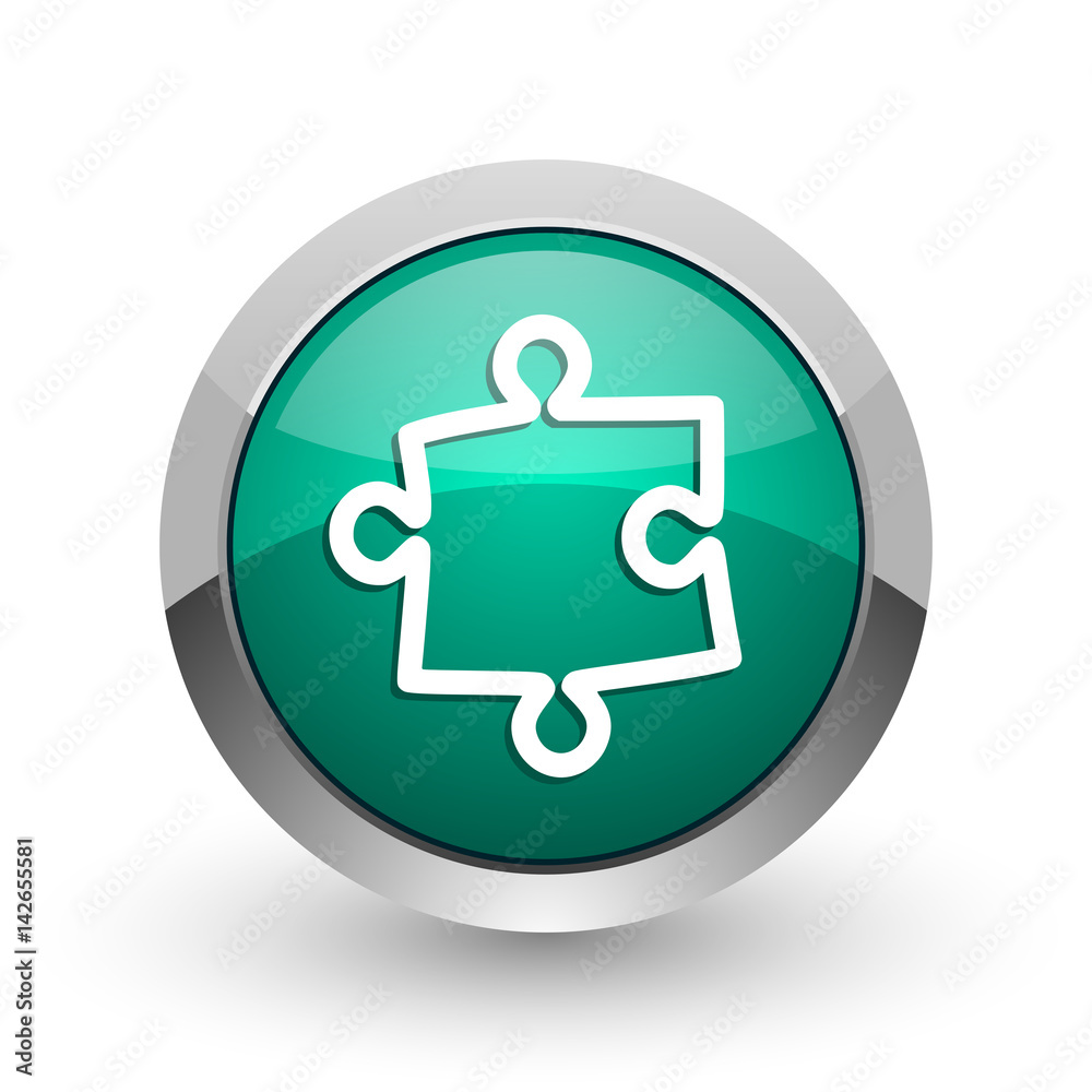 Poster Puzzle silver metallic chrome web design green round internet icon with shadow on white background.