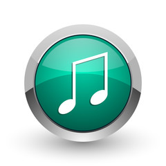 Music silver metallic chrome web design green round internet icon with shadow on white background.