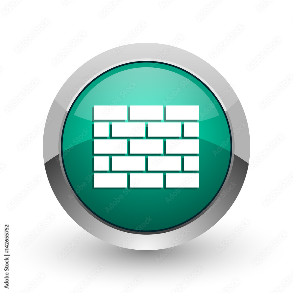 Poster firewall silver metallic chrome web design green round internet icon with shadow on white background