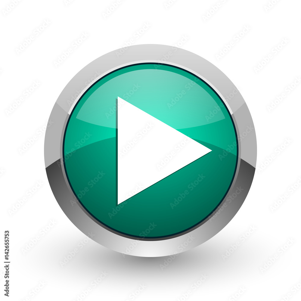 Aufkleber play silver metallic chrome web design green round internet icon with shadow on white background.