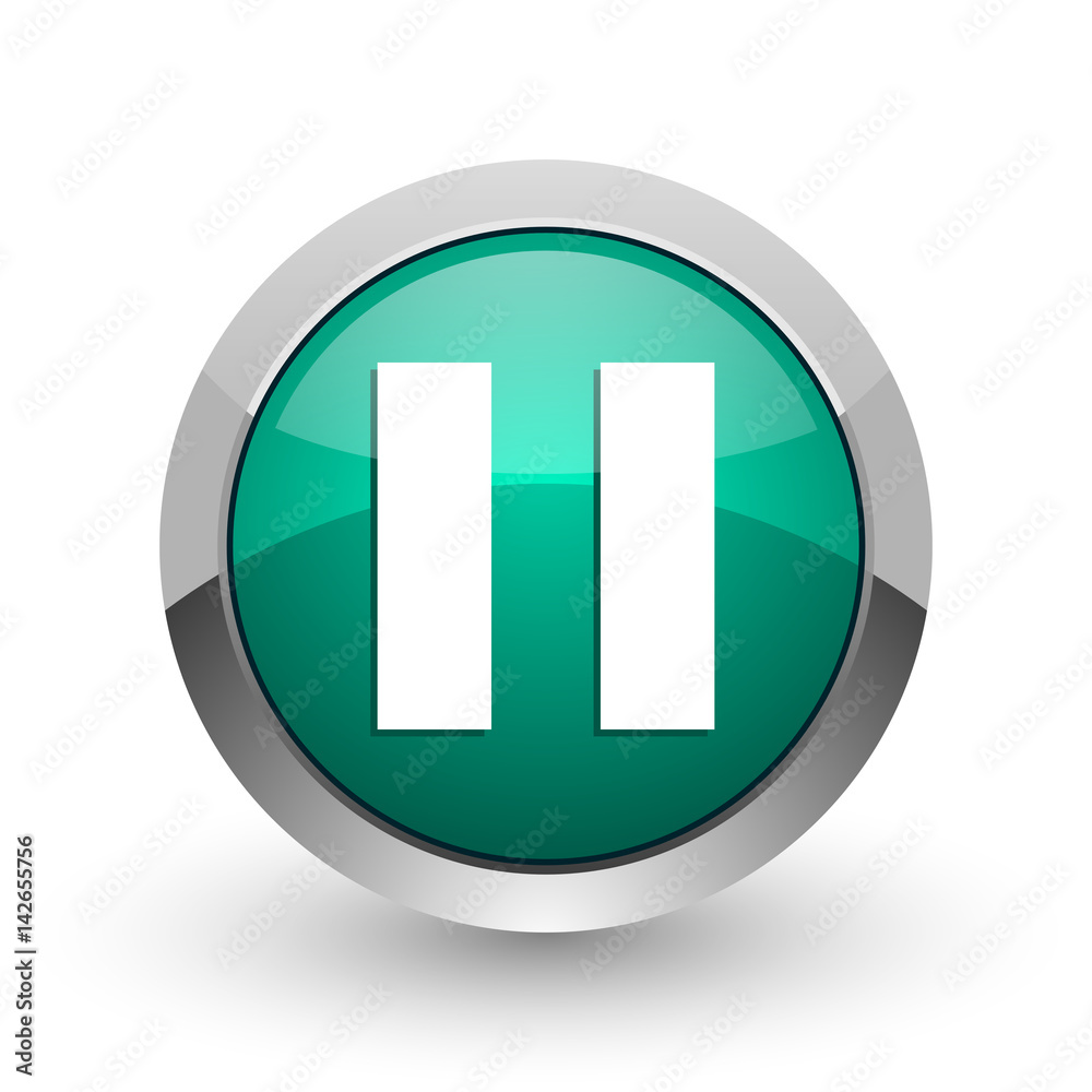 Aufkleber pause silver metallic chrome web design green round internet icon with shadow on white background.