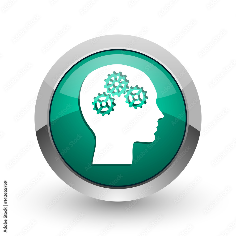 Poster head silver metallic chrome web design green round internet icon with shadow on white background.