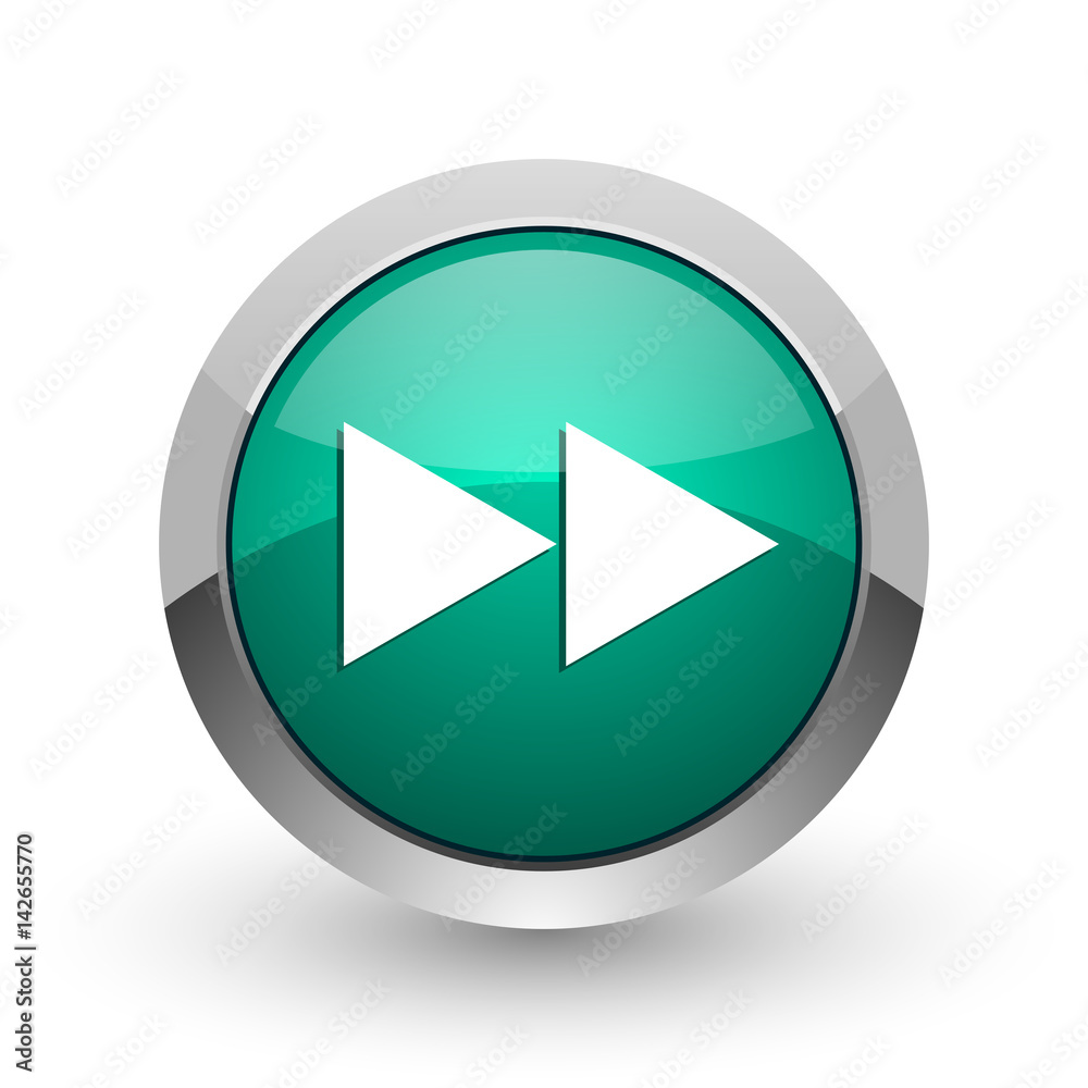 Aufkleber rewind silver metallic chrome web design green round internet icon with shadow on white background.