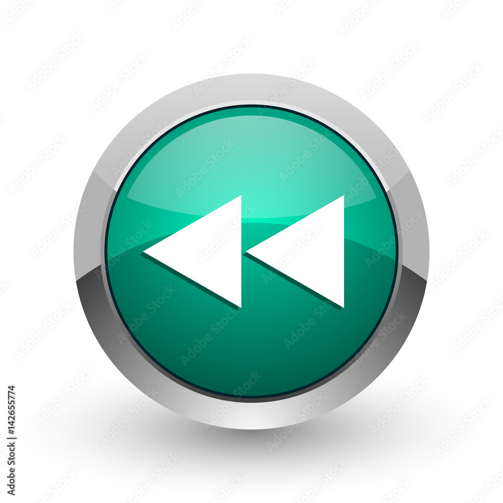 Aufkleber rewind silver metallic chrome web design green round internet icon with shadow on white background.