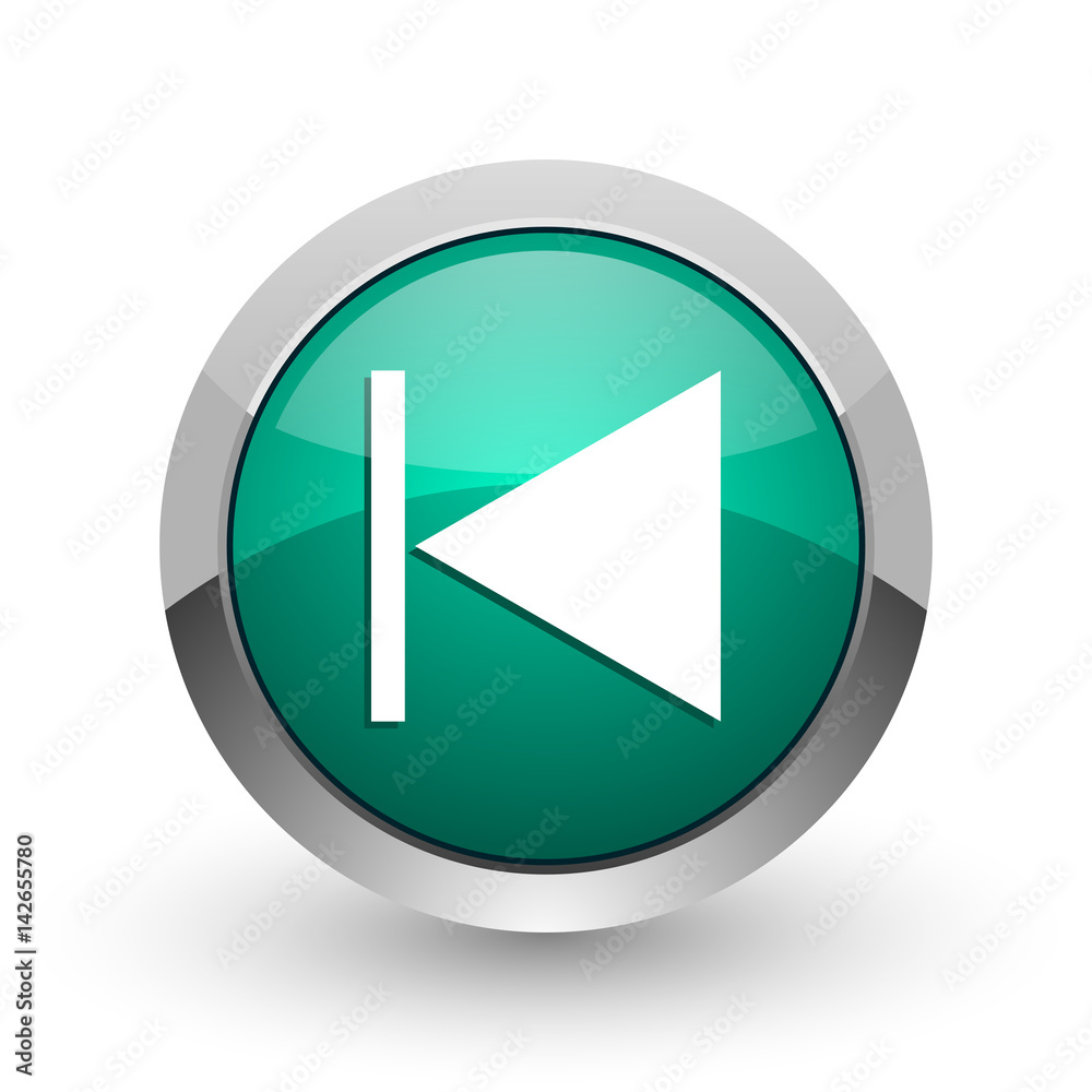 Aufkleber prev silver metallic chrome web design green round internet icon with shadow on white background.