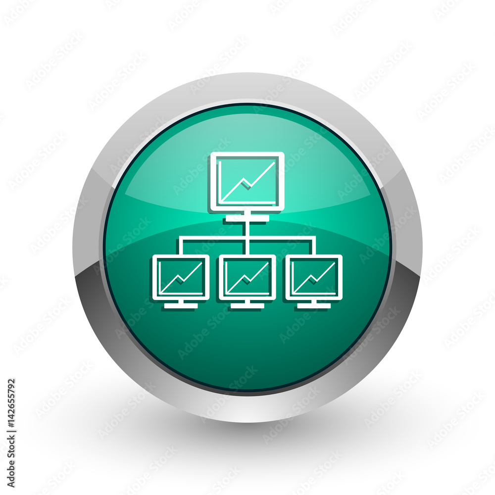 Poster network silver metallic chrome web design green round internet icon with shadow on white background.