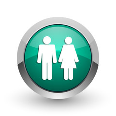 Couple silver metallic chrome web design green round internet icon with shadow on white background.