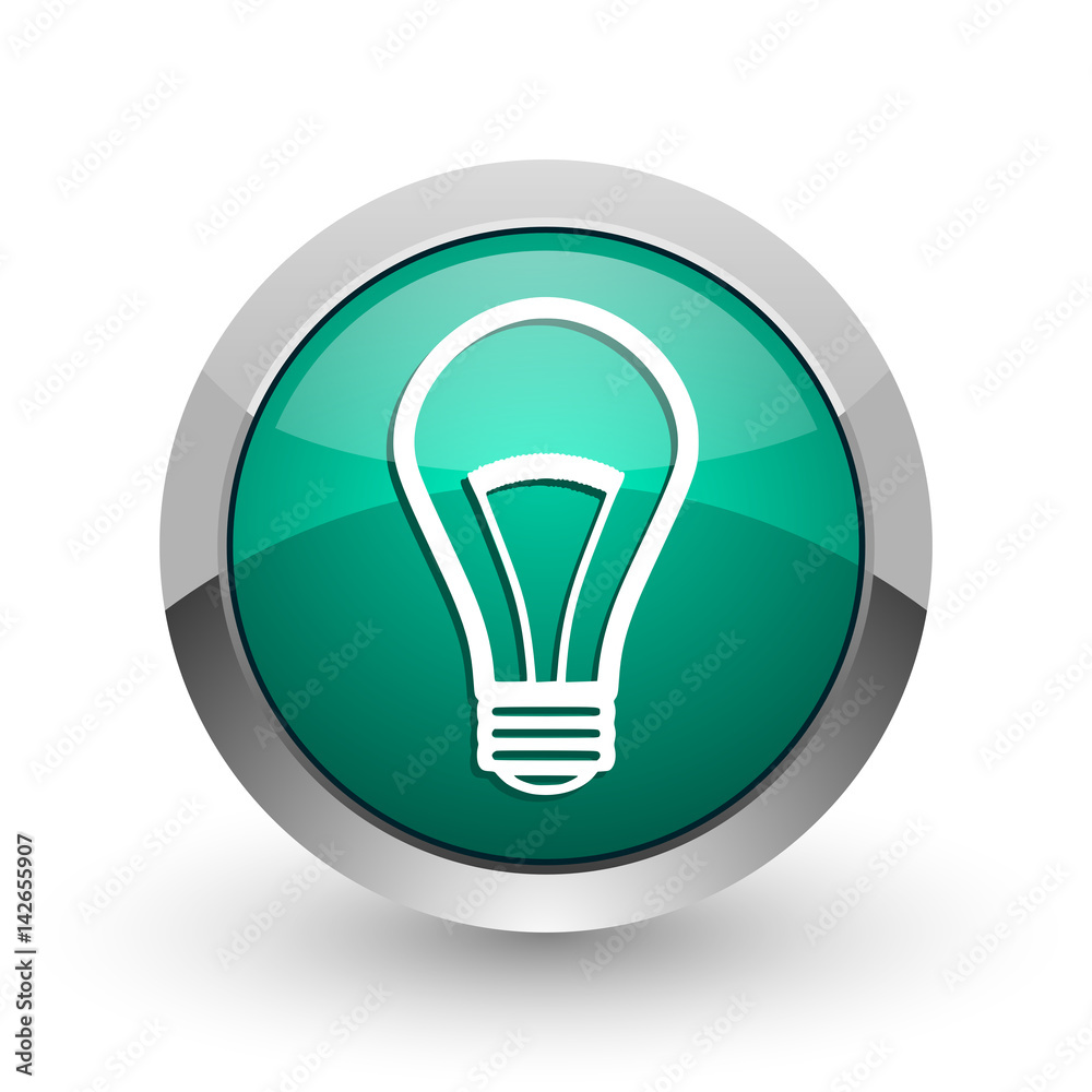 Poster bulb silver metallic chrome web design green round internet icon with shadow on white background.