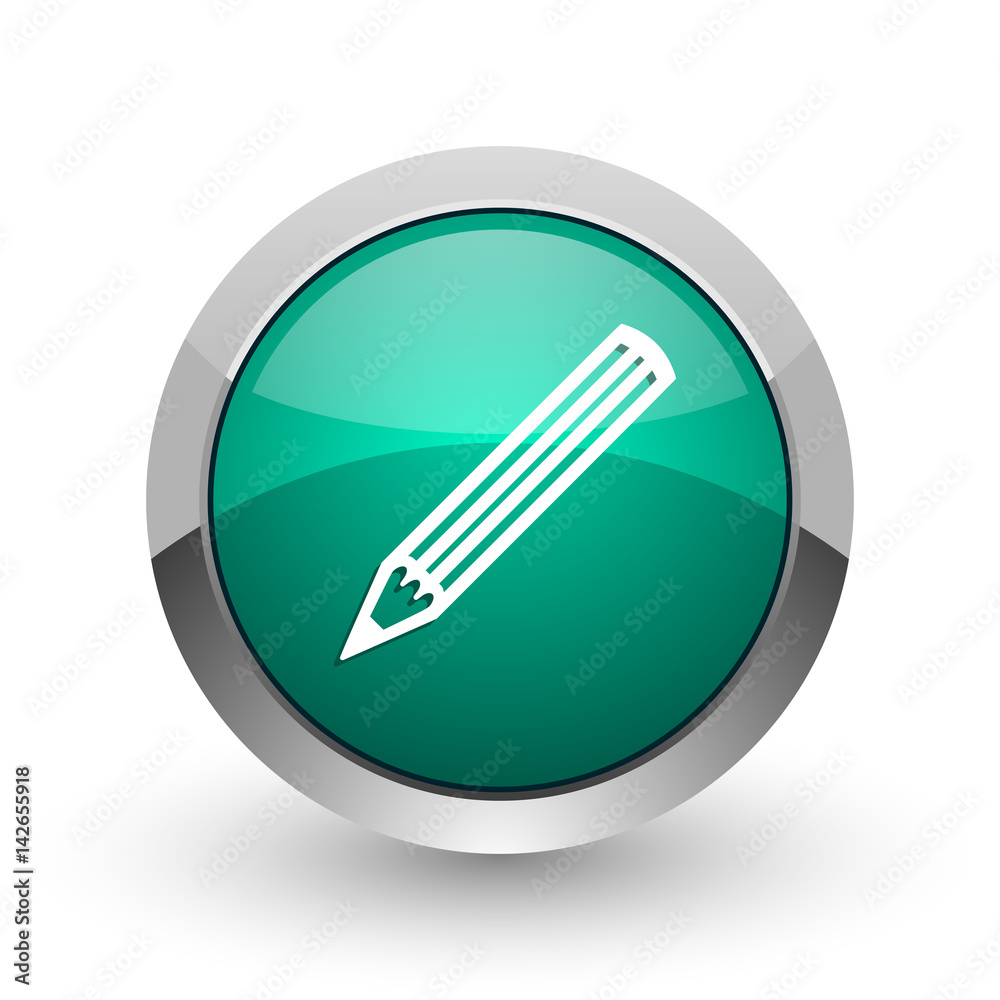 Poster pencil silver metallic chrome web design green round internet icon with shadow on white background.