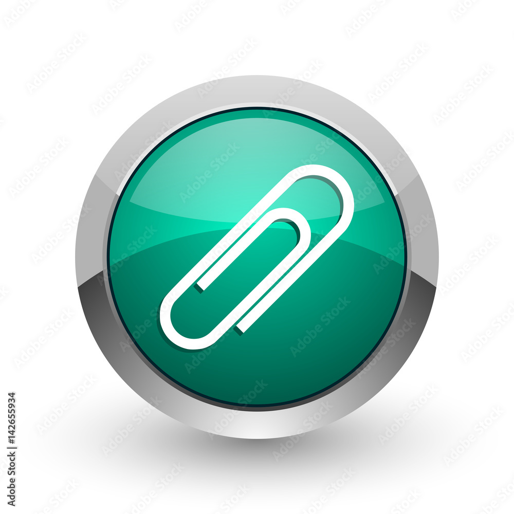 Poster Paperclip silver metallic chrome web design green round internet icon with shadow on white background.
