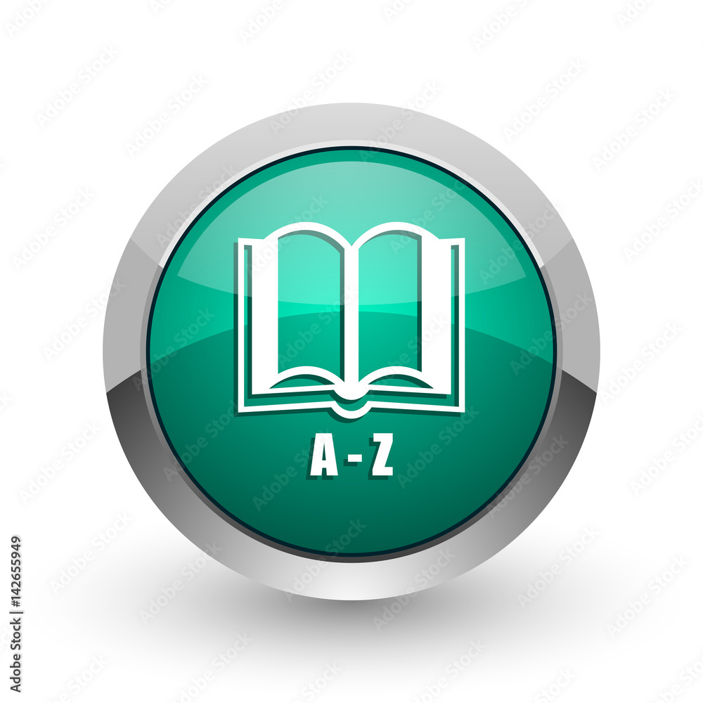 Poster dictionary silver metallic chrome web design green round internet icon with shadow on white backgrou