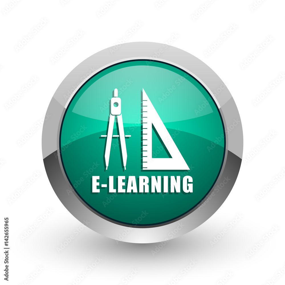 Poster Learning silver metallic chrome web design green round internet icon with shadow on white background.