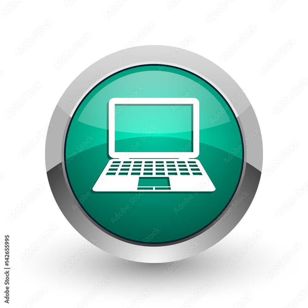 Poster computer silver metallic chrome web design green round internet icon with shadow on white background