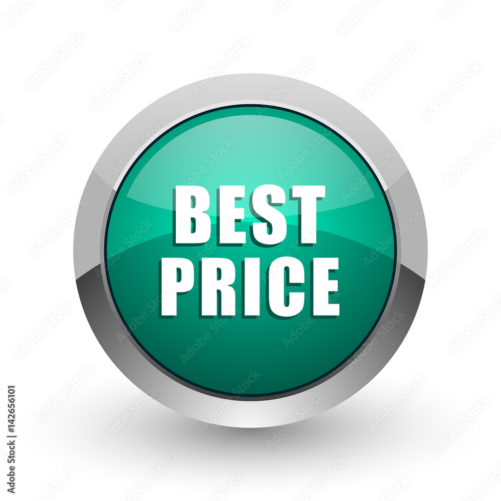 Poster Best price silver metallic chrome web design green round internet icon with shadow on white background.