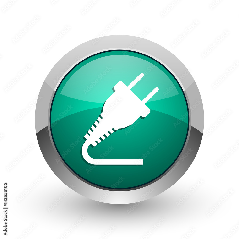Poster plug silver metallic chrome web design green round internet icon with shadow on white background.