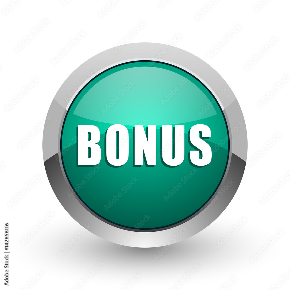 Poster bonus silver metallic chrome web design green round internet icon with shadow on white background.