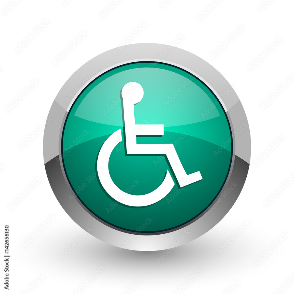 Poster wheelchair silver metallic chrome web design green round internet icon with shadow on white backgrou