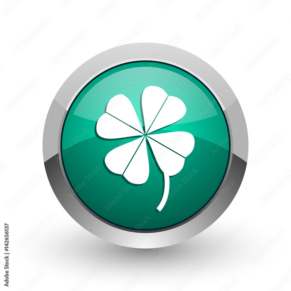 Aufkleber four-leaf clover silver metallic chrome web design green round internet icon with shadow on white ba