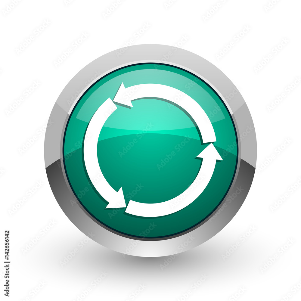 Poster Reblue yellow glossy web silver metallic chrome web design green round internet icon with shadow on white background.