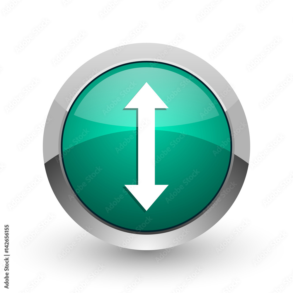 Aufkleber arrow silver metallic chrome web design green round internet icon with shadow on white background.