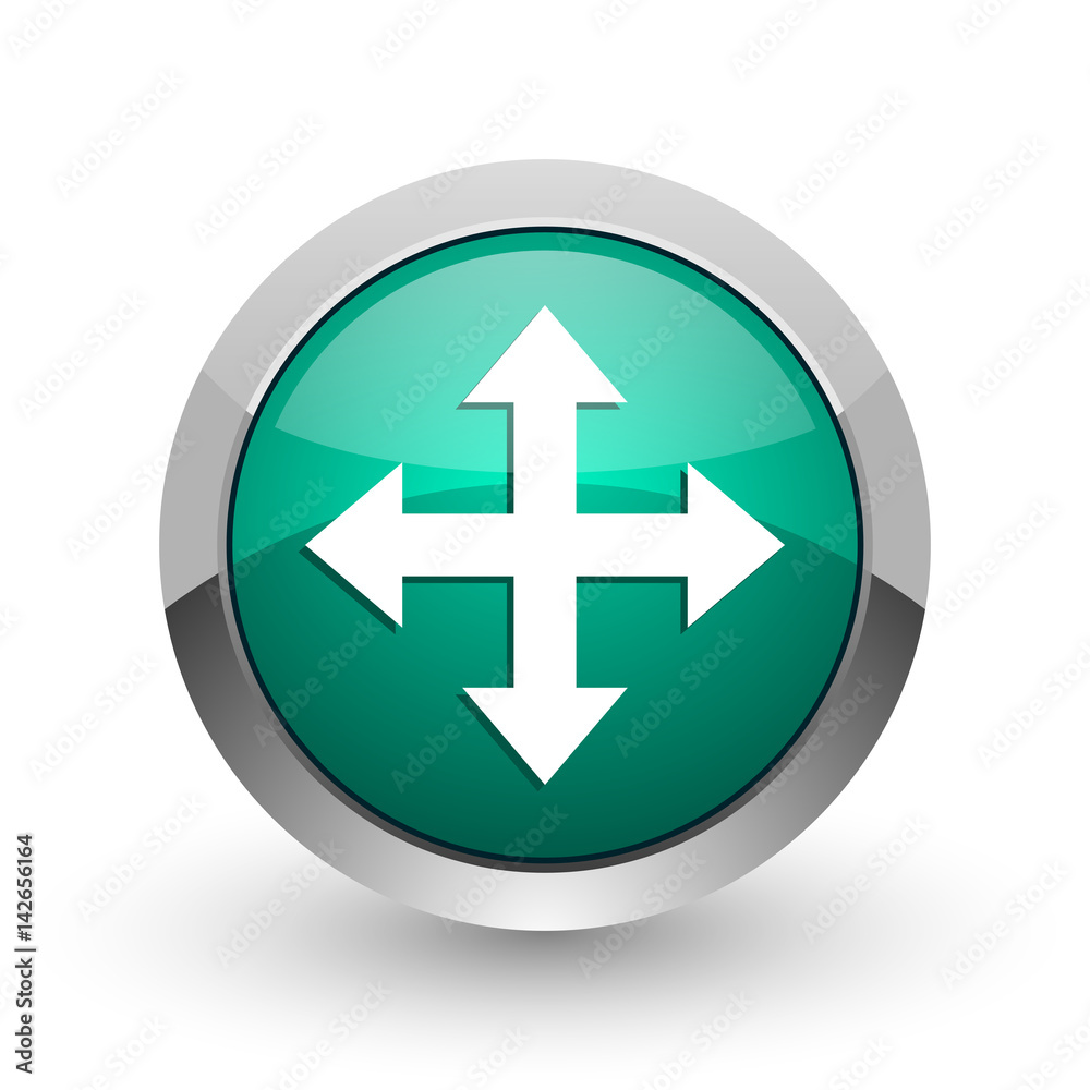 Aufkleber arrow silver metallic chrome web design green round internet icon with shadow on white background.
